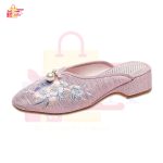 Women Cotton Pink Colour Embroidered Flat Slippers Summer Shoes