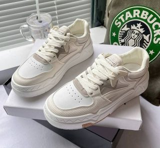 Beige and White Chunky Platform Sneakers